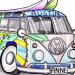 Volks Wagen bus with surfboards on roof and 4 names written in various places.  The design is beach ..