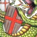 St George fighting a dragon.  The dragon has his tail wrapped around George but George is about to strike down at the dragon with his sword