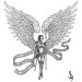 Female warrior angel with large wings and a scroll with a latin phrase written on it.  ..
