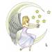 Angel sat on the moon (side saddle)wearing a lavender colored dress with blonde hair reaching out fo..