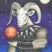 Aries Ram holding a sword and with planet Mars floating above left hoof..