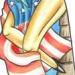 Blonde girl leant against a palm tree with the American flag wrapped around her.  The whole design i..