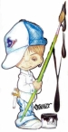 Cartoon style boy child with paintbrush and slingshot.  Houston Texan logo on cap..