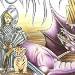 A purple dragon is slayed by a young boy wearing his dads armour.  Two tiger cubs are sat side by si..