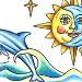Sun and moon with dolphins jumping out of the water on either side...