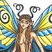Fairy with large pretty wings sat on a smiley face toadstool..