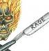 Flaming skull with two cut throat blades crossed over underneath with rage and fury written on them
