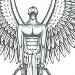 Black and Grey angel with arms by his side and legs together looking upwards towards the sky.  He ha..