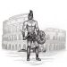 A work in process design of a Gladiator standing outside the Colleseum..