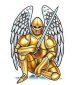 Guardian angel dressed in gold body armour.  The intials S S A D L are hidden inside the wings...