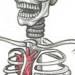 Top half of a skeleton is hanging from a rope with his heart visible