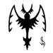 Horned, long winged bird like symbol design..