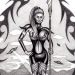 very attractive pinup type girl dressed in leather armour and holding a katana.  An alien type lands..