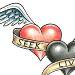 Red heart and black heart indicating pain and love.  Angel wing is incorporated on either side of the hearts and also a scroll weaves inbetween them with the words seek, live and love on it