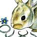 A rabbit named pixie with his name written underneath in a vine type font, with small blue flowers and leaves coming off of it...