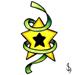 Yellow star with black star in the centre with a green ribbon wrapped around it..