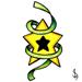 Yellow star with black star in the centre with a green ribbon wrapped around it