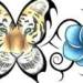 Lowerback design with a tigers head in the shape of a butterfly.  There are also some flowers and tribal flicks and swirls on either side of the tigerfly