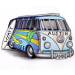 Volks Wagen bus.  Beach themed, surf boards on the roof and with names incorporated into the design