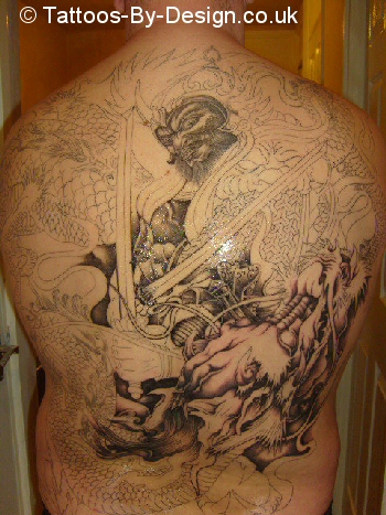 samurai warrior fighting a dragon.