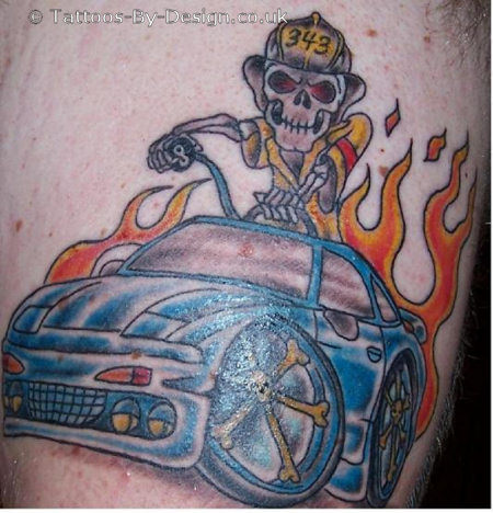 Art Firefighter Tattoo With Car And Skull Tattoo