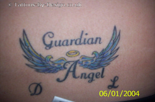 small angel wings tattoo combinated whit heart and tattoo script on chest