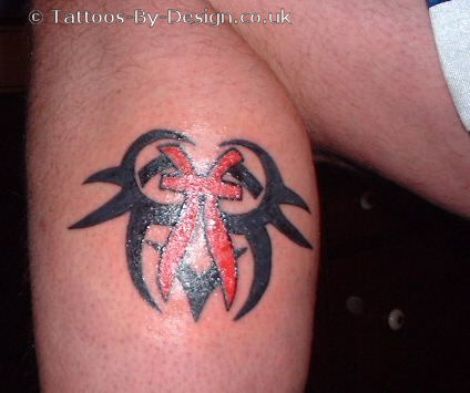 foot tattoo with tribal symbol pisces tattoo with two color black and red