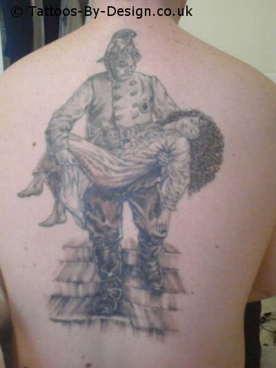 Art Firefighter Tattoo On The Back Body